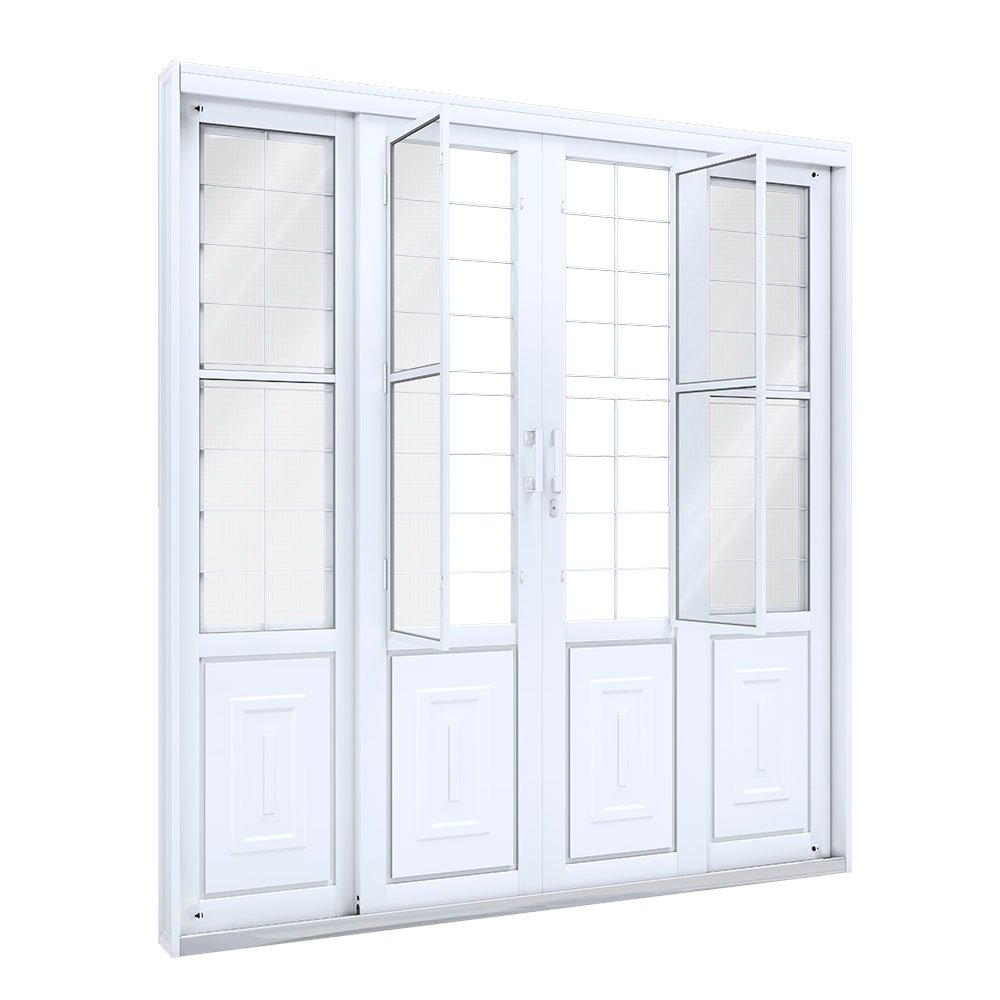Porta de correr de aço com postigo branca 4 folhas com grade quadrada - Lucasa Facilita